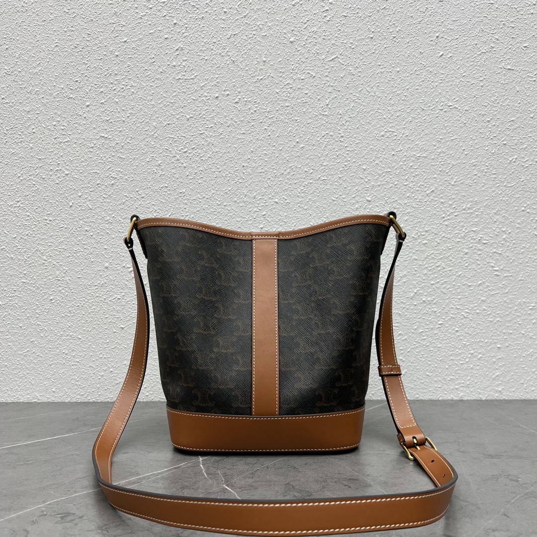 Celine Small Bucket Shoulder Bag In Triomphe Canvas And Calfskin Coffee/Tan 191442